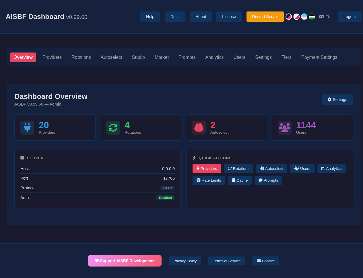 AISBF dashboard overview with provider, rotation, autoselect, user, and server status cards.